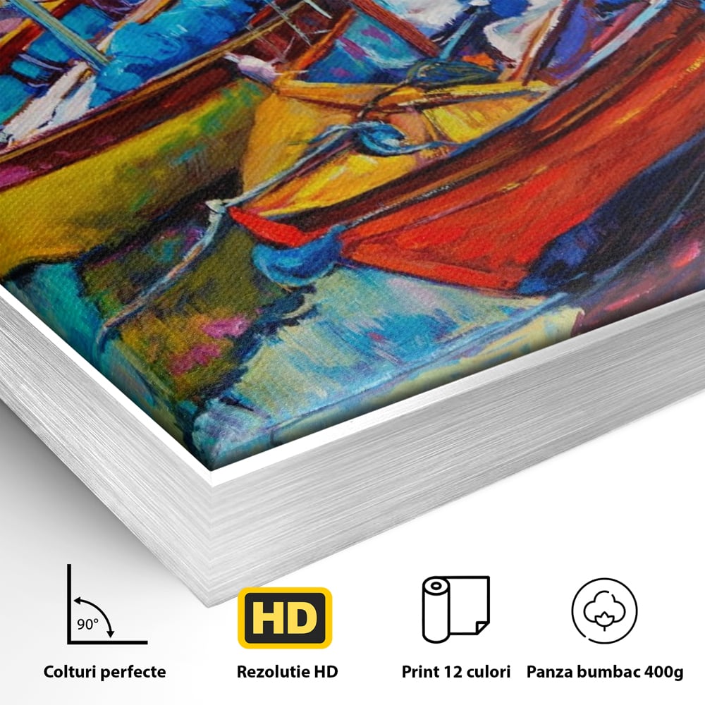 Detaliu al suprafetei: tablou canvas cu barci in port, in rama de aluminiu argintiu